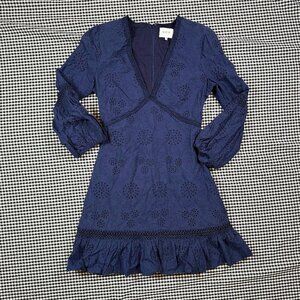 ONE33 SOCIAL Cotton Eyelet V-neck Mini Spring Dress In Navy - 100% Cotton Size 4